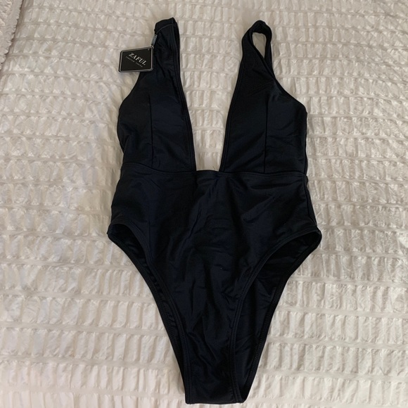 Black one piece plunging neck cheeky swimsuit - Picture 3 of 3